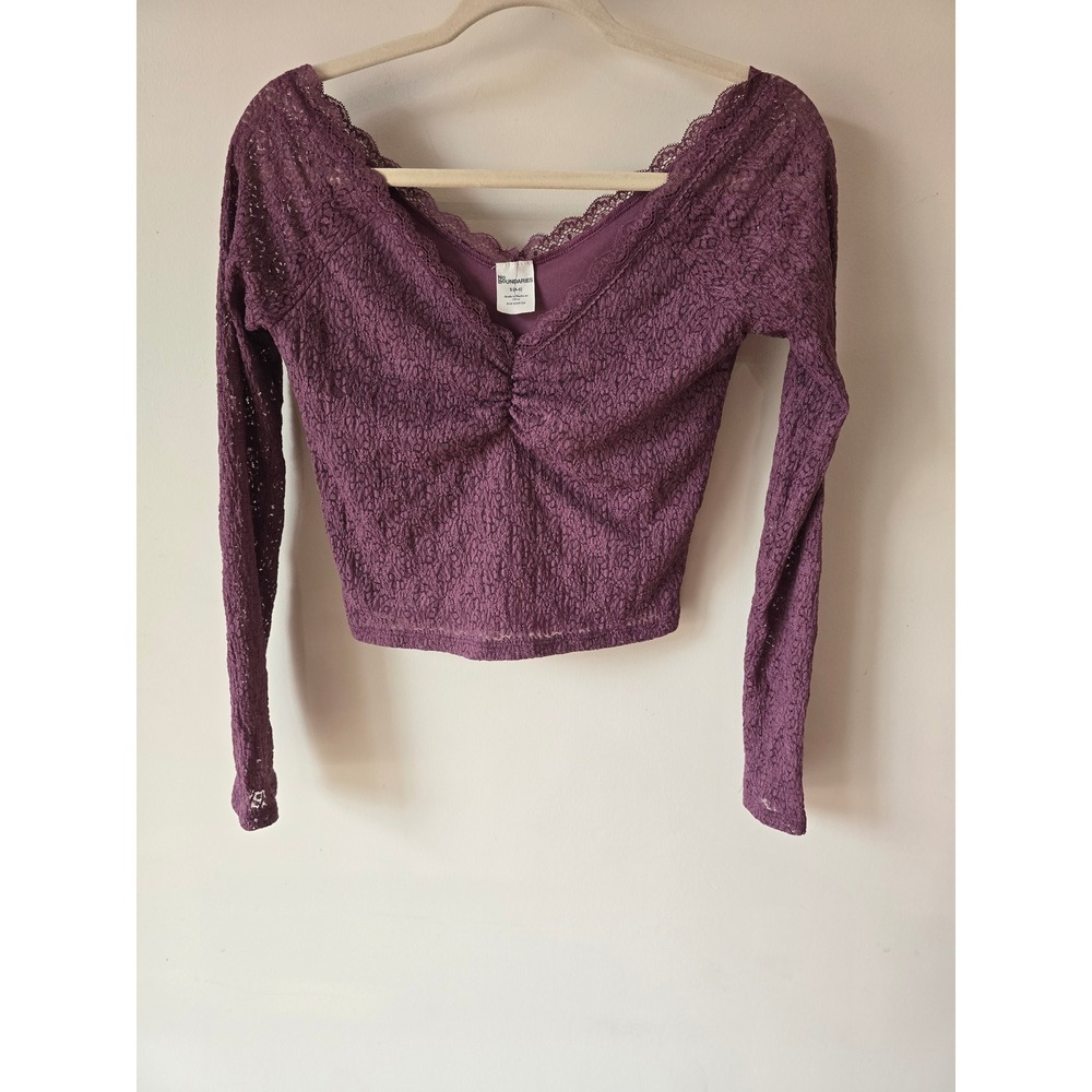 No Boundaries Plum Purple Floral Lace Ruched V-Neck Long Sleeve Crop Top S y2k